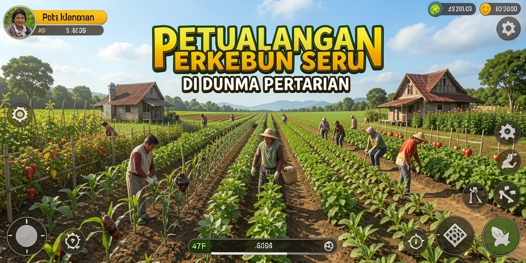 Tampilan gameplay 47F yang menampilkan aktivitas bertani dengan pemandangan indah.