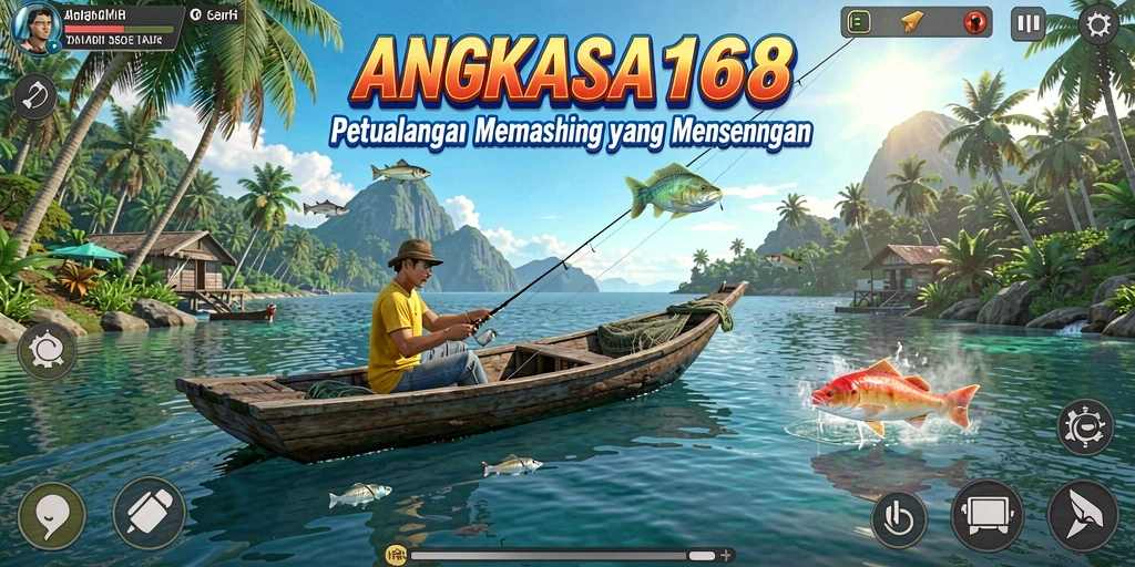 Tampilan gameplay ANGKASA168 dengan ikan yang ditangkap di laut.