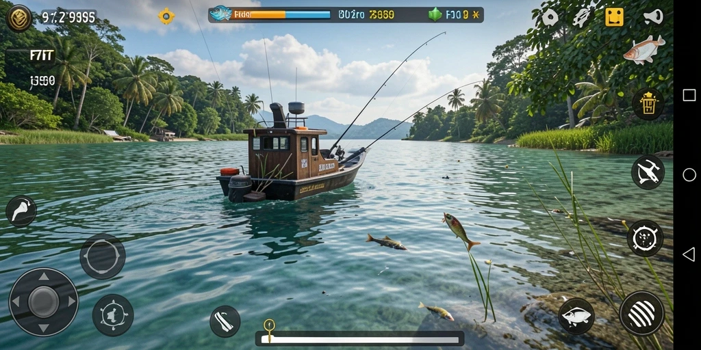 Screenshot gameplay F7F7 menampilkan aksi memancing yang seru.