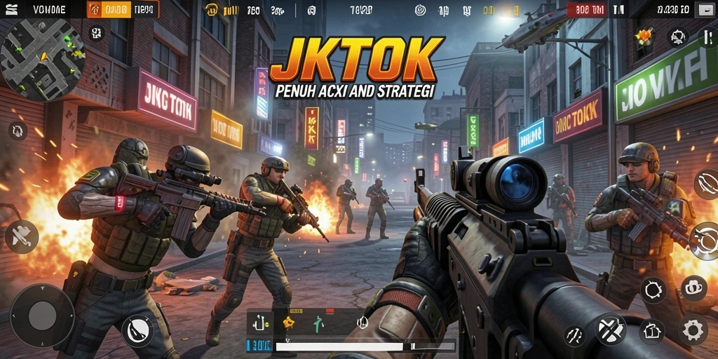 Tampilan gameplay JKTOK yang mendebarkan di tengah pertempuran TPS.