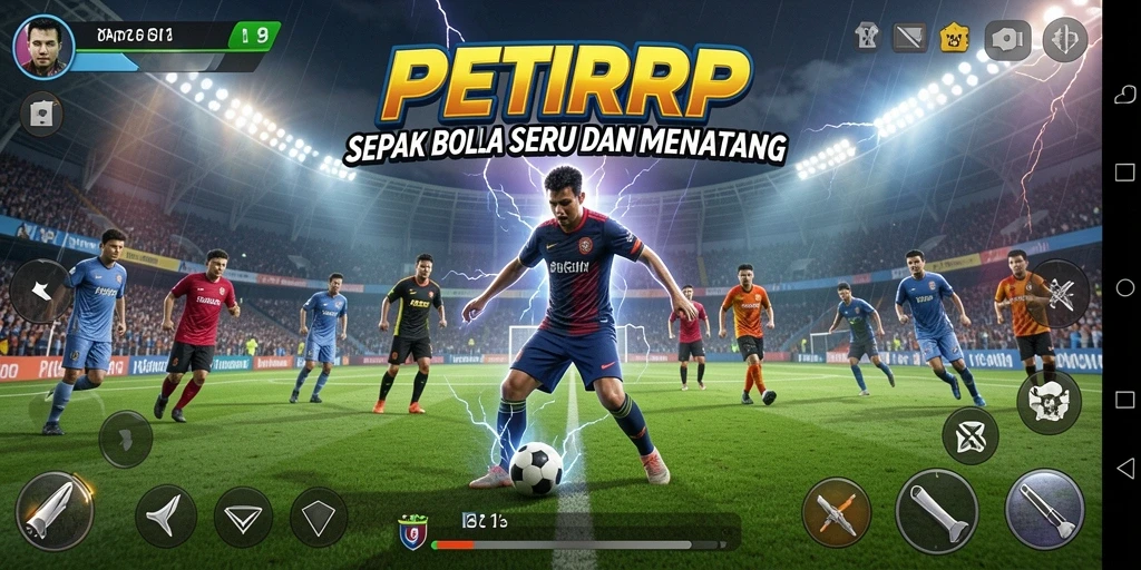 Tampilan gameplay seru di lapangan sepak bola dengan pemain bertanding.