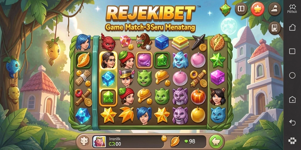 Tampilan gameplay seru di REJEKIBET dengan puzzle Match-3.