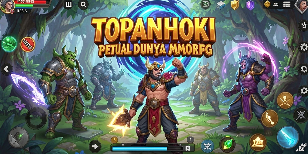 Screenshot gameplay TOPANHOKI menunjukkan pertempuran seru di dunia fantasi.